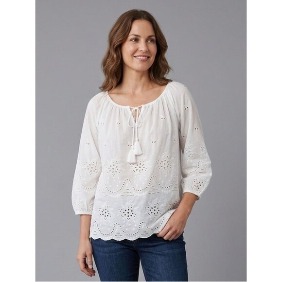 New York & Company Tops - NWT New York & Company White Eyelet Cotton Boho Blouse Tassel Tie Size Medium